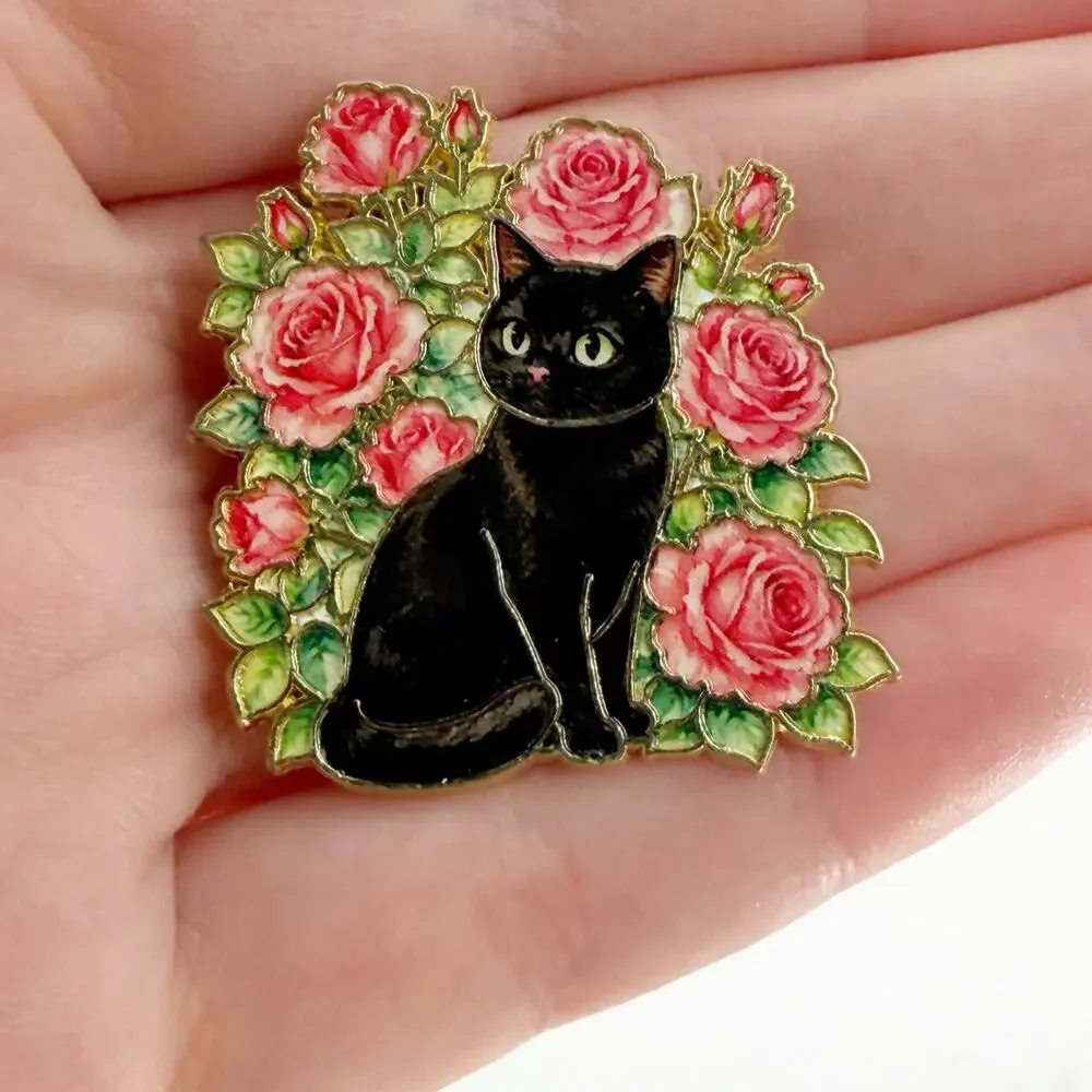 Black Cat Rose Enamel Pin Gothic Floral Cat Lover Pink Roses Soft Enamel